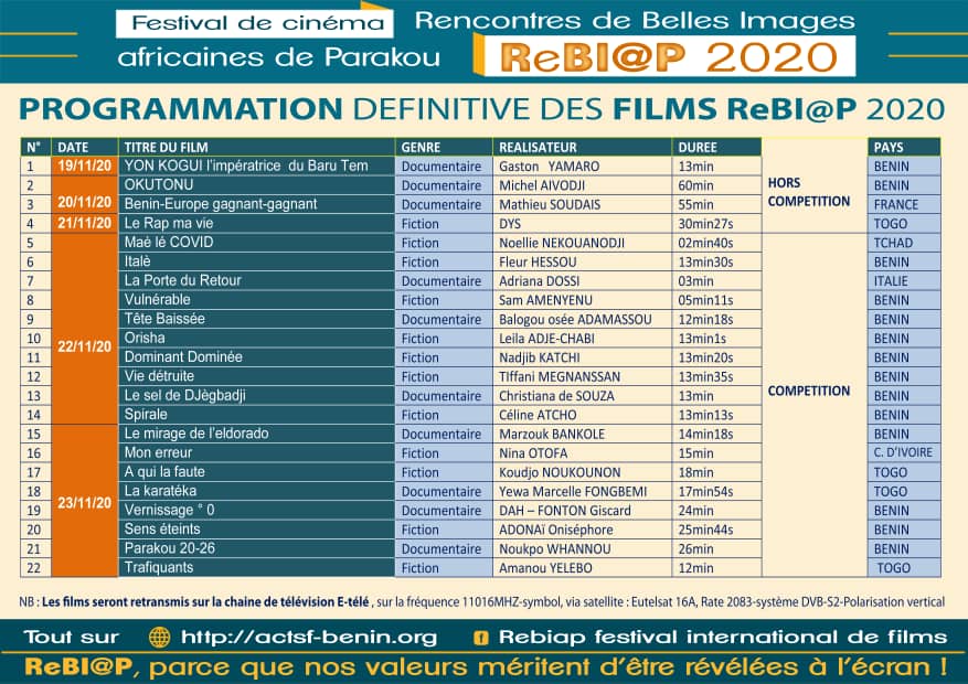 PROGRAMMATION DES FILMS ReBI@P 2020